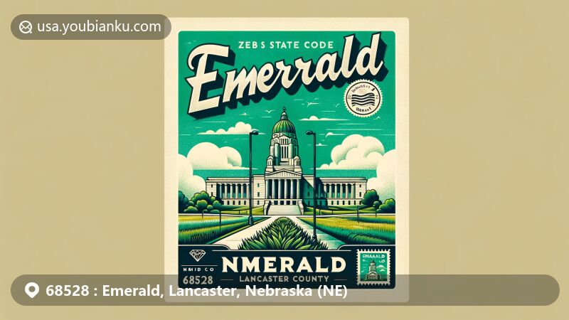 Modern illustration of Emerald, Lancaster, Nebraska, capturing the essence of ZIP code 68528, featuring the Nebraska State Capitol against a backdrop of lush landscapes, postal elements, and vintage stamps.