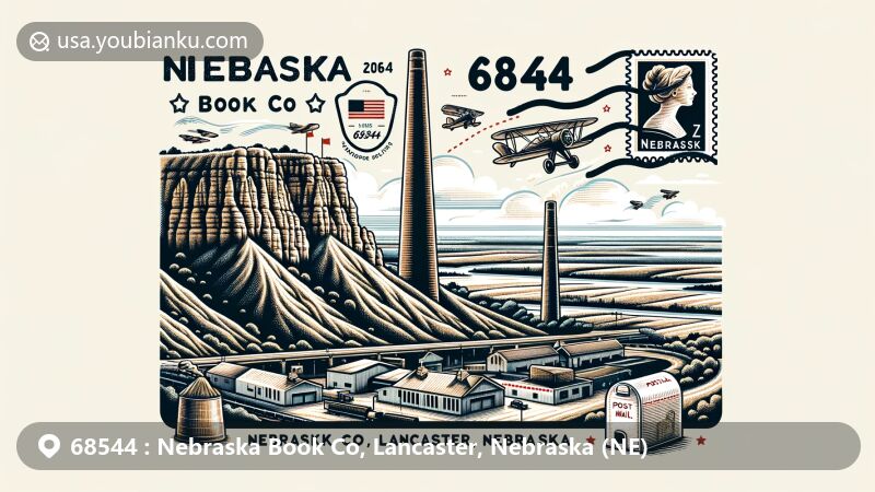 Modern illustration of Nebraska Book Co area in Lancaster, Nebraska, featuring Chimney Rock as a key landmark symbolizing the state's history and landscape, with postal elements highlighting ZIP Code 68544.