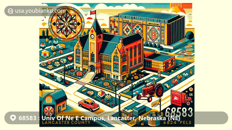 Modern illustration of ZIP code 68583, Lancaster County, Nebraska, featuring 'Univ Of Ne E Campus' with Entomology Hall, Larsen Tractor Museum, and International Quilt Museum, showcasing educational and research facilities.