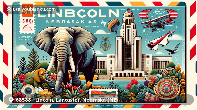 Modern illustration of Lincoln, Lancaster County, Nebraska, showcasing iconic elements like the State Capitol, University of Nebraska, Morrill Hall with elephant exhibit, Pioneers Park Nature Center, and the International Quilt Museum.