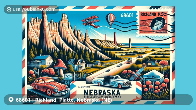 Modern illustration of Richland, Platte area in Nebraska, featuring ZIP code 68601, showcasing Chimney Rock, Toadstool Geologic Park, and Scotts Bluff National Monument, with vintage air mail envelope and Nebraska state flag stamp.
