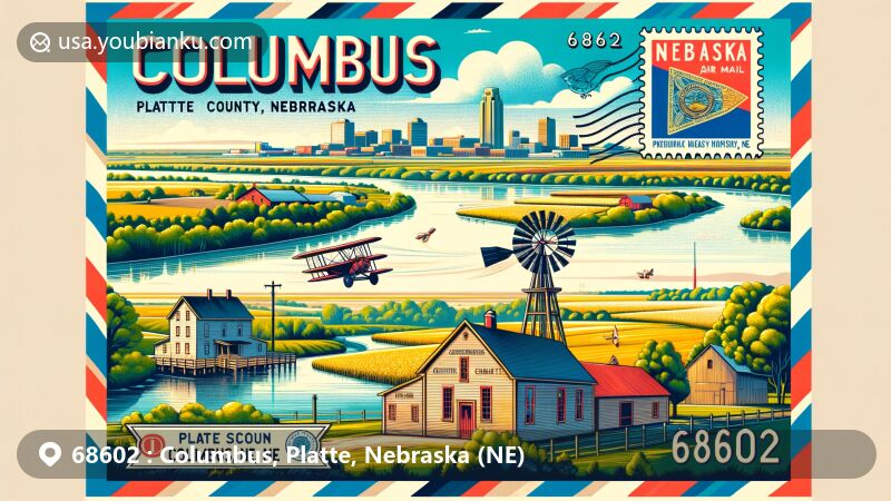 Modern illustration of Columbus, Platte County, Nebraska, reflecting agricultural landscape, Platte and Loup Rivers, and historical sites like the Platte County Historical Society Museum with 1857 log cabin of Frederick Gottschalk and 1912 Challenger windmill, featuring vintage airmail envelope frame with Nebraska state flag stamps and '68602 Columbus, NE' postmark.