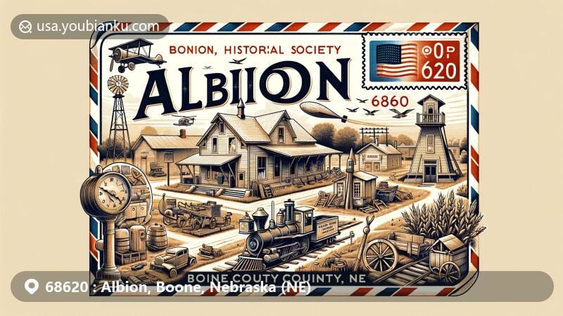 Modern illustration of Albion, Boone County, Nebraska, featuring postal theme with ZIP code 68620, showcasing Boone County Historical Society Museum and local agricultural heritage.