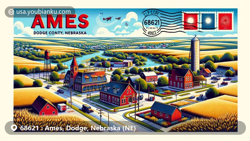 Modern illustration of Ames, Dodge County, Nebraska, featuring ZIP code 68621, showcasing tallgrass prairie landscape, heritage buildings, and rural hamlet vibe with postal elements.