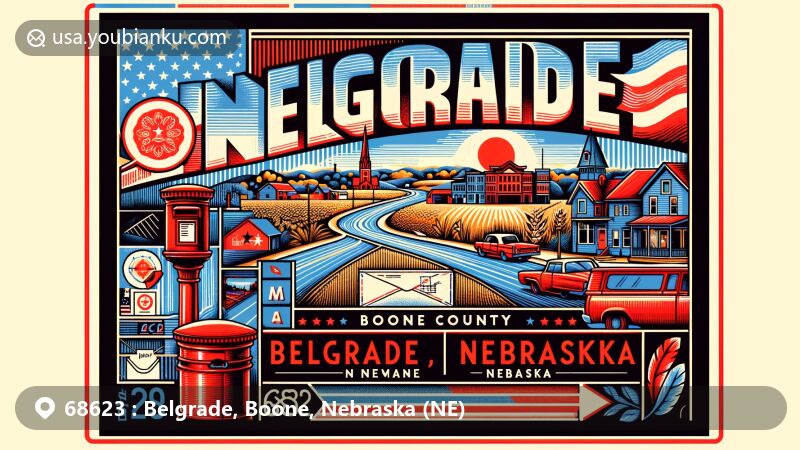 Modern illustration of Belgrade, Boone County, Nebraska, showcasing rural charm, Nebraska state flag, and Boone County silhouette, with vintage postal elements like stamp, postmark, and ZIP code 68623.