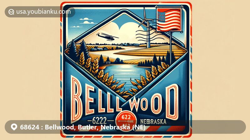 Modern illustration of Bellwood, Nebraska, with a vintage airmail envelope and postal themes, featuring ZIP code 68624, Bellwood Lake, agricultural symbols, and Nebraska state flag.