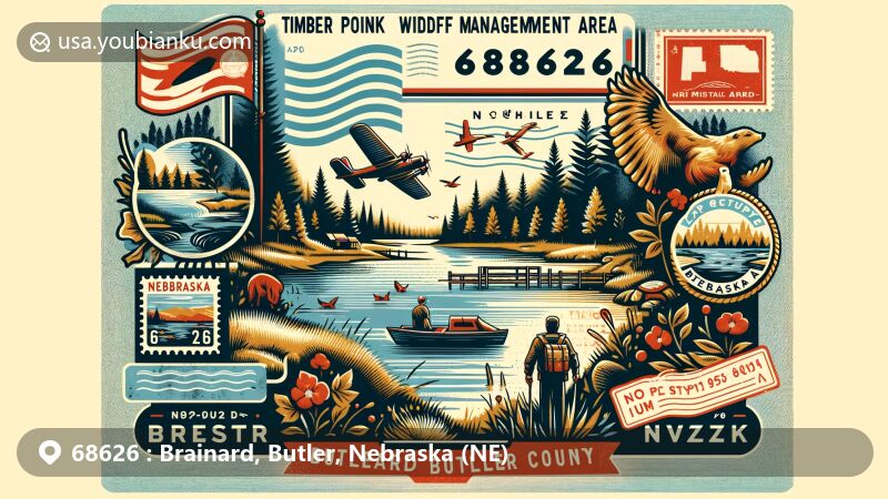 Modern illustration of Brainard, Butler County, Nebraska, showcasing Timber Point Lake Wildlife Management Area with natural beauty, hiking paths, and local wildlife, integrating Nebraska state symbols and vintage postal motifs with ZIP code 68626.