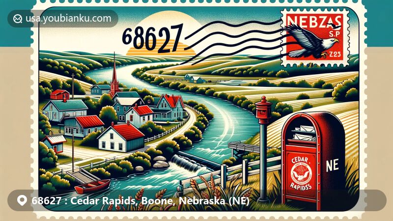 Modern illustration of Cedar Rapids, Boone County, Nebraska, capturing the serene charm of the village with undulating plains and vast Nebraska sky, featuring vintage postcard layout with ZIP code 68627, classic red mailbox, and postal theme.