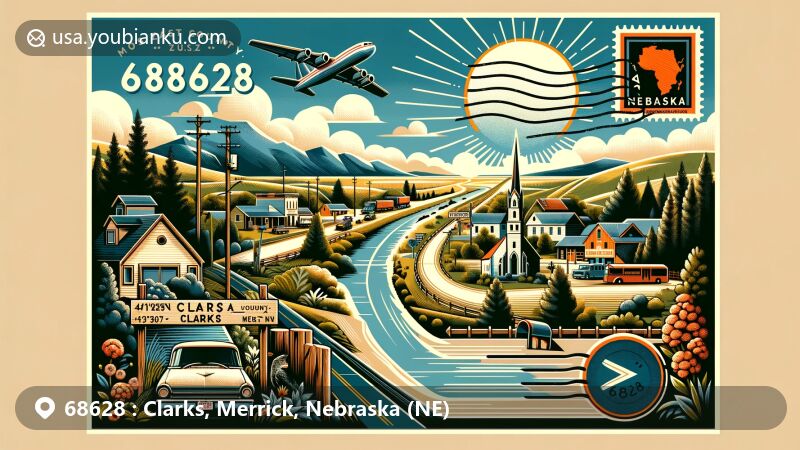Modern illustration of Clarks, Merrick County, Nebraska, showcasing village charm, U.S. Highway 30, and natural landscapes, with a vintage postcard layout including Nebraska state flag stamp and airmail envelope.