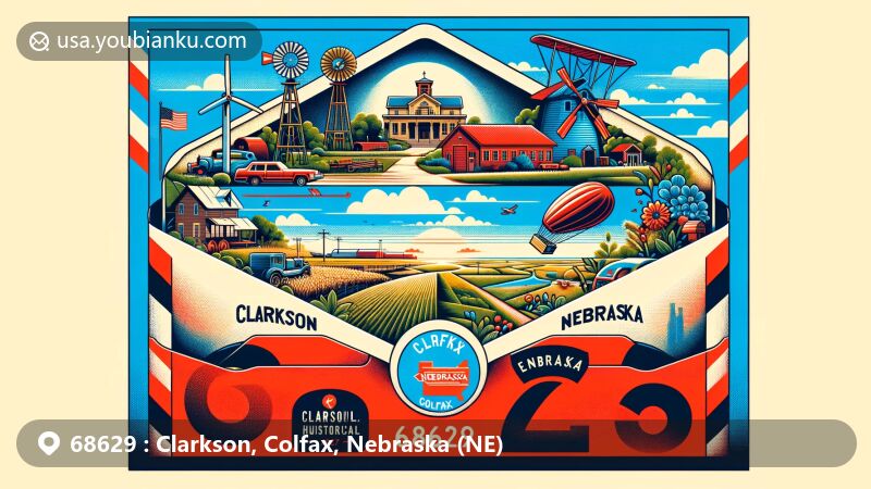 Modern illustration of Clarkson, Colfax, Nebraska, featuring a vibrant air mail envelope showcasing the Clarkson Historical Museum, surrounded by Nebraska landscapes like plains, agricultural fields, and windmills.
