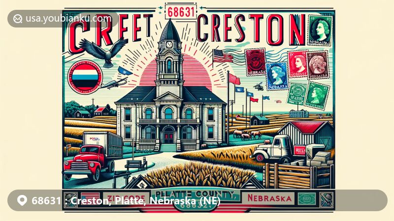 Modern illustration of Creston, Platte County, Nebraska, featuring Platte County Courthouse, rural agriculture, and postal elements, showcasing ZIP code 68631.