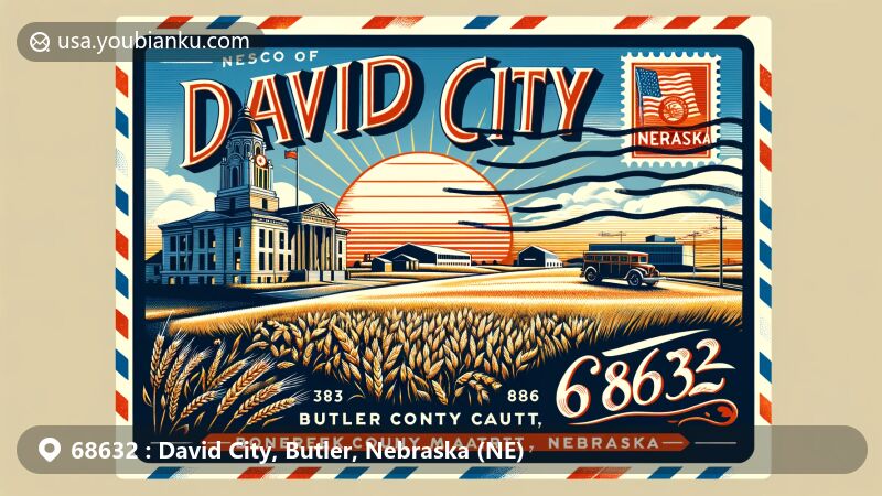 Creative illustration of David City, Butler County, Nebraska, capturing scenic beauty and local landmarks within the ZIP code 68632, featuring the Butler County Courthouse, Bone Creek Museum of Agrarian Art, and Nebraska state symbols.