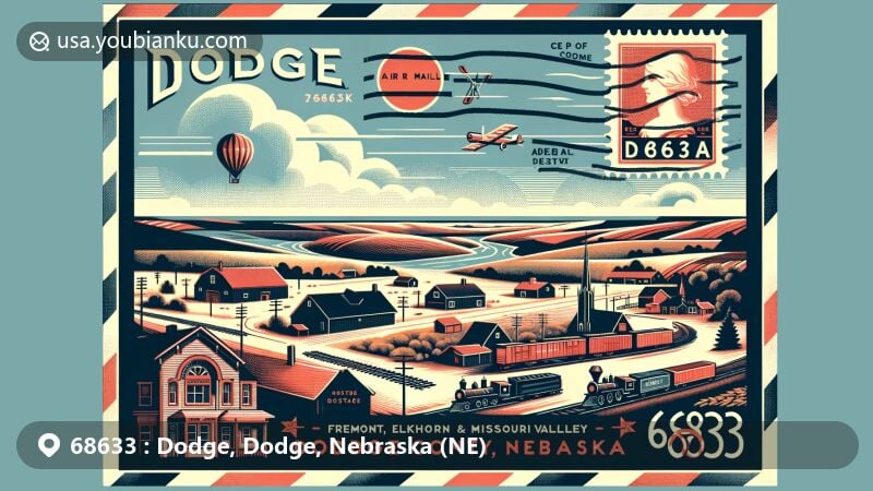 Modern illustration of Dodge, Dodge County, Nebraska, combining postal and regional elements for ZIP code 68633, featuring rural and agricultural landscapes, highlighting Dodge's small-community feel.