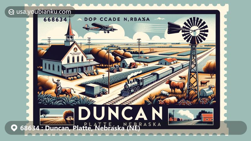 Modern illustration of Duncan, Platte, Nebraska, capturing the essence of ZIP code 68634 with rural and agricultural themes, including farming, cattle, Dorothy Lynch manufacturing, and historic Lincoln Highway.