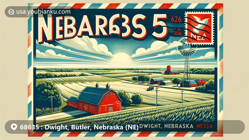 Modern illustration of Dwight, Butler County, Nebraska, showcasing agricultural charm and small-town spirit, featuring expansive fields under Nebraska sky, town center or classic red barn, and creative postal elements like vintage postcard border with ZIP Code 68635 and state abbreviation NE.