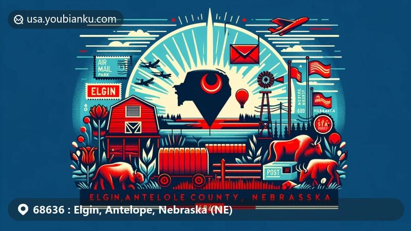 Modern illustration of Elgin, Antelope County, Nebraska, showcasing local landmarks, state flag, postal elements, Ashfall Fossil Beds State Historical Park, and stylized pronghorn antelope.