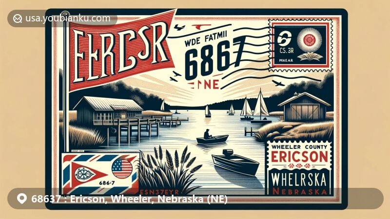 Modern illustration of Lake Ericson in Nebraska, showcasing the natural beauty and recreational activities such as boating and fishing, with subtle integration of Nebraska State Flag and vintage postal theme with ZIP code 68637.