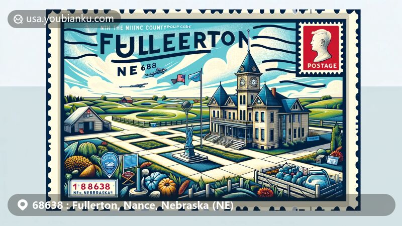 Modern illustration of Fullerton, Nance County, Nebraska, featuring landmarks like Nance County Historical Society, Pawnee Hills Golf Course, and Nance County Veterans Memorial, integrating postal theme with Fullerton, NE 68638.