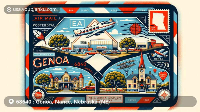 Modern illustration of Genoa, Nance County, Nebraska, incorporating postal theme with ZIP code 68640, featuring Genoa U.S. Indian School, Headworks Park, Nebraska outline, oak tree, and agricultural symbols.