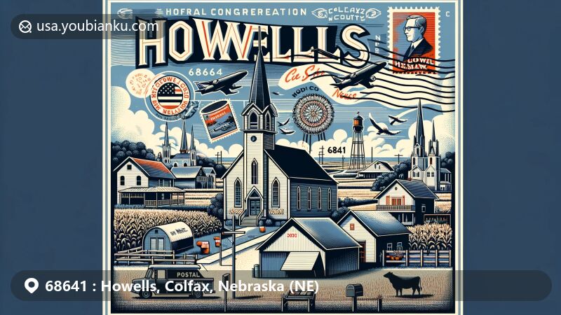 Modern illustration of Howells area, Colfax County, Nebraska, featuring postal theme with ZIP code 68641, showcasing historic First Congregational Church, agricultural elements, and Nebraska state flag.
