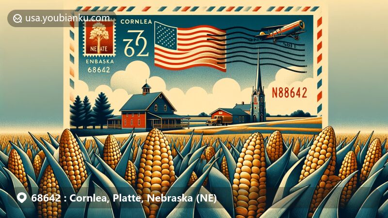 Modern illustration of Cornlea, Platte, Nebraska, showcasing postal theme with ZIP code 68642, featuring vintage air mail envelope with Nebraska state flag postage stamp and scenic village landscape.