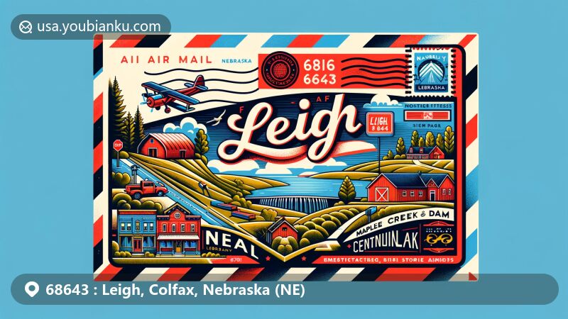 Vibrant illustration of Leigh, Colfax, Nebraska, showcasing ZIP code 68643 with modern air mail envelope, rural landscape, small-town buildings, Maple Creek Dam, Centennial Lake, and community pride.
