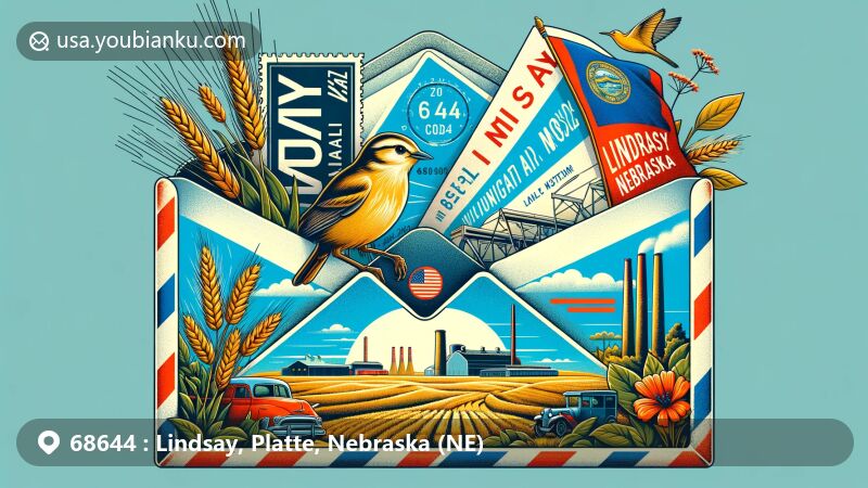 Modern illustration of Lindsay, Nebraska, showcasing postal theme with ZIP code 68644, featuring agricultural roots, Lindsay Manufacturing plant, Nebraska landscapes, state symbols, and iconic Chimney Rock.