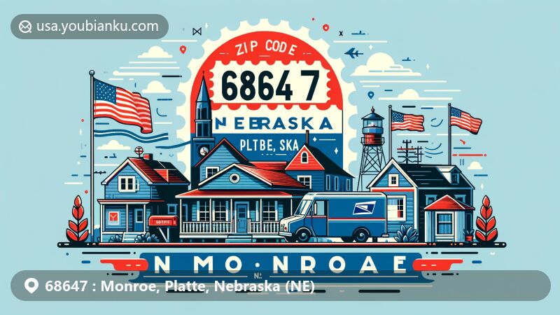 Modern illustration of Monroe Village, Platte County, Nebraska, featuring small-town atmosphere and community spirit, with Nebraska state flag and postal elements like vintage postal stamp and airmail envelope.