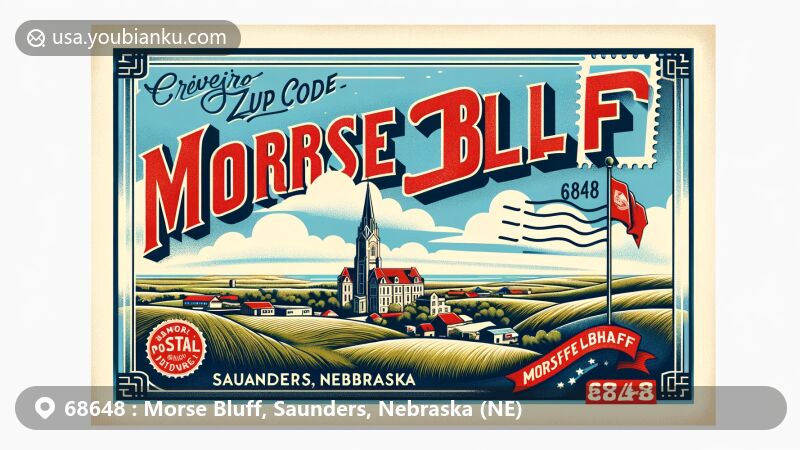 Modern illustration of Morse Bluff, Saunders County, Nebraska (NE), with postal theme and local landmarks on a postcard foreground, highlighting ZIP code 68648.