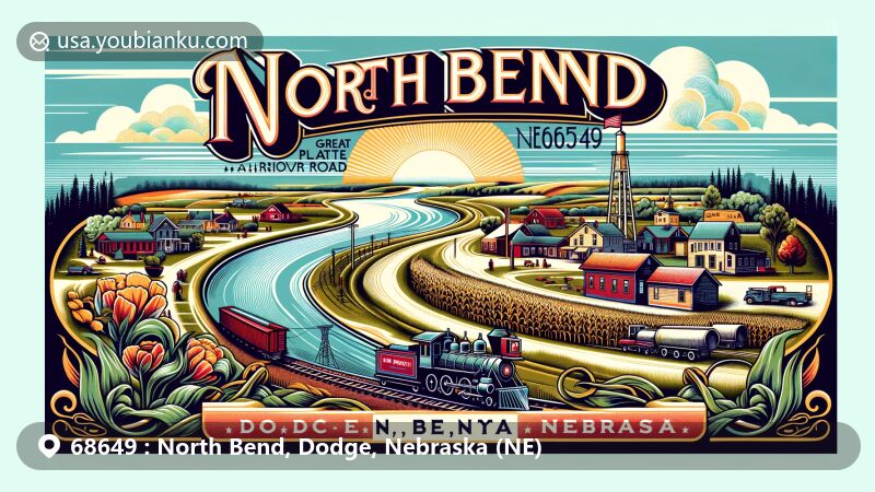 Modern illustration of North Bend, Dodge County, Nebraska, featuring Platte River, Great Platte River Road history, Union Pacific Railroad, and postal theme with ZIP code 68649.