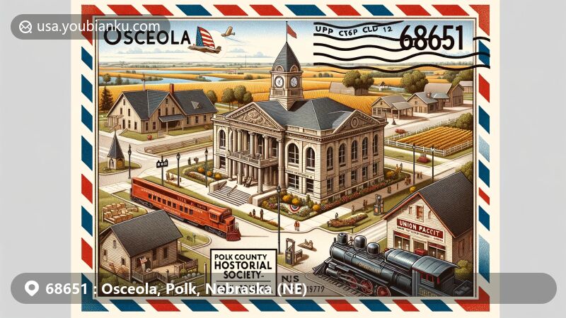 Modern illustration of Osceola, Polk County, Nebraska, symbolizing local landmarks like the courthouse, Historical Society Museum, veterans memorial, and small-town charm, with postal elements including vintage air mail envelope and Nebraska state symbols.