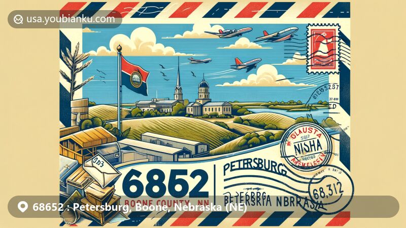 Modern illustration of Petersburg, Boone County, Nebraska, showcasing postal theme with ZIP code 68652, featuring Olson Nature Preserve and vintage postcard design.