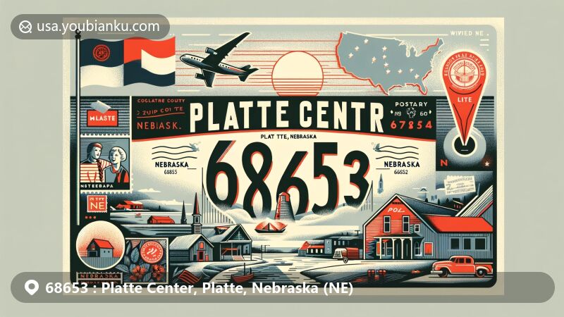 Modern illustration of Platte Center, Platte County, Nebraska, harmonizing regional charm with postal theme for ZIP code 68653, featuring Nebraska state flag, rural landscape, airmail elements, and town silhouette on map.