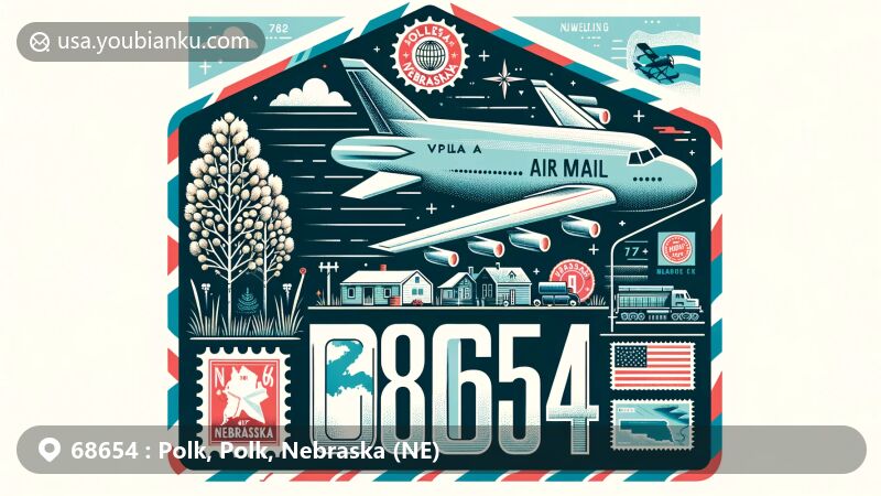 Modern illustration of Polk, Nebraska, showcasing postal theme with ZIP code 68654, featuring air mail envelope, stamps, postmark, and Polk village with cottonwood tree. Includes Nebraska map silhouette and vibrant colors.