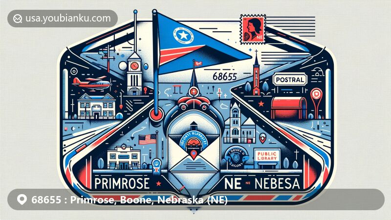Modern illustration of Primrose, Boone County, Nebraska (NE), representing ZIP code 68655. Features aerial envelope with stylized map of Primrose, including landmarks like public library and Saint Mary Catholic Church. Nebraska state flag waves in the background, surrounded by postal elements like stamps, postmark 'Primrose, NE 68655', and red mailbox. Designed to highlight Primrose's uniqueness and postal themes in a visually engaging way.