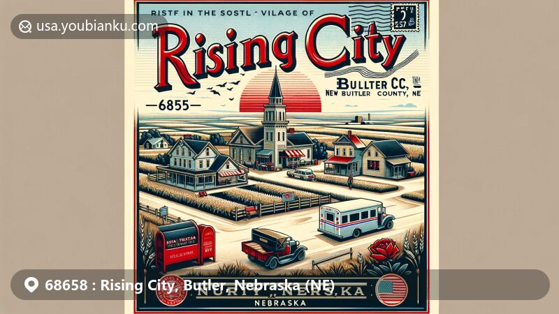 Modern illustration of Rising City, Butler County, Nebraska, capturing the charm of a rural American town with a vintage postcard design, featuring ZIP code 68658, classic postal elements, and the Nebraska state flag.