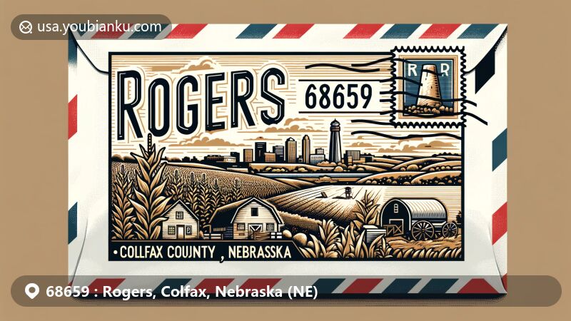 Modern illustration of Rogers, Colfax County, Nebraska, with postal theme resembling air mail envelope, showcasing local landmarks and cultural elements, including Nebraska state flag, Colfax County outline, agricultural landscape, and postal elements.