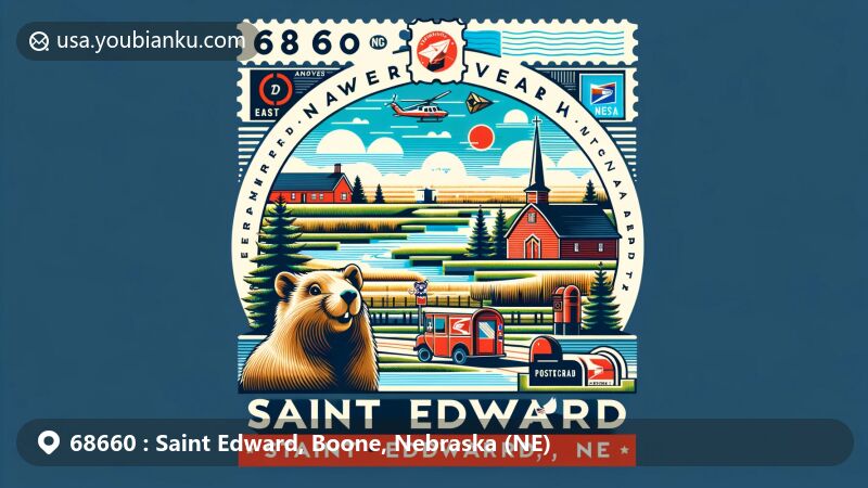 Modern illustration of Saint Edward, Boone County, Nebraska, showcasing postal theme with ZIP code 68660, featuring Beaver Valley and Nebraska state symbols.