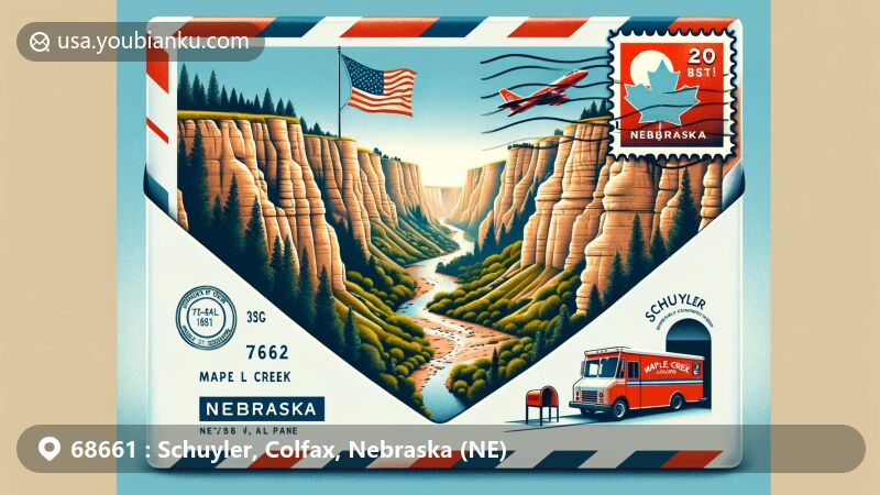 Modern illustration of Schuyler, Nebraska, featuring Maple Creek Canyon backdrop, airmail envelope design with ZIP code 68661, integrated mail truck and mailbox, Nebraska state flag in the background.