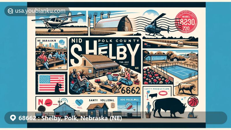 Modern illustration of Shelby, Polk County, Nebraska, with a postcard theme showcasing farming, cattle feeding, hog production, park, swim pool, ball fields, volleyball, and postal elements with ZIP code 68662.