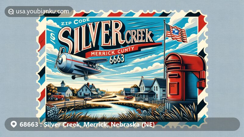 Modern illustration of Silver Creek, Merrick County, Nebraska, capturing small-town charm, rural serenity, and Nebraska state pride, with vintage postal elements and zipcode 68663.