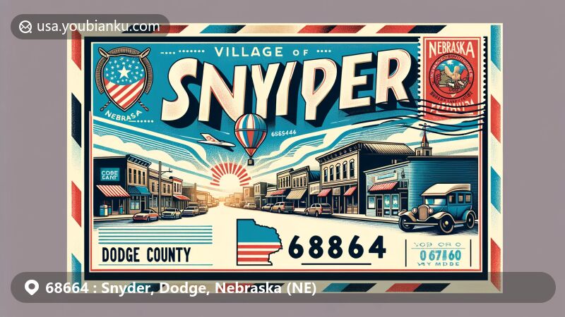 Modern illustration of Snyder, Dodge County, Nebraska, with vintage air mail envelope design, featuring downtown area, Nebraska state flag, and Dodge County map outline.