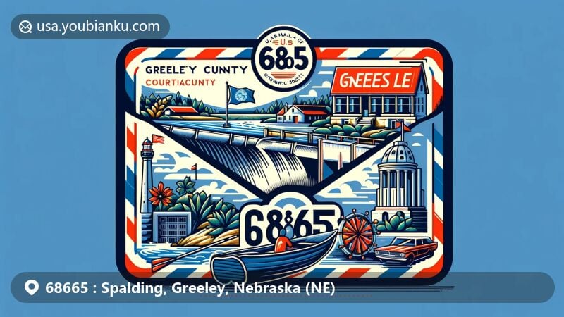 Modern illustration of Spalding, Greeley County, Nebraska, featuring air mail envelope with ZIP code 68665. Includes images of Cedar River dam, Greeley County Historical Society Courthouse Museum, and Spalding City Park, with Nebraska state symbols.