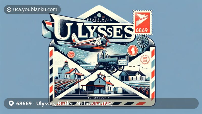 Modern illustration of Ulysses, Butler County, Nebraska, capturing the essence of ZIP code 68669 with air mail envelope design. Features Nebraska and Butler County outlines, post office motif, and rural community symbols.