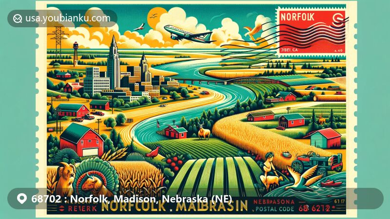 Modern illustration of Norfolk, Madison County, Nebraska, highlighting ZIP code 68702 with Elkhorn River, Karl Stefan Memorial Airport, livestock, and Aquaventure Waterpark, combining geographical, cultural, and postal elements.