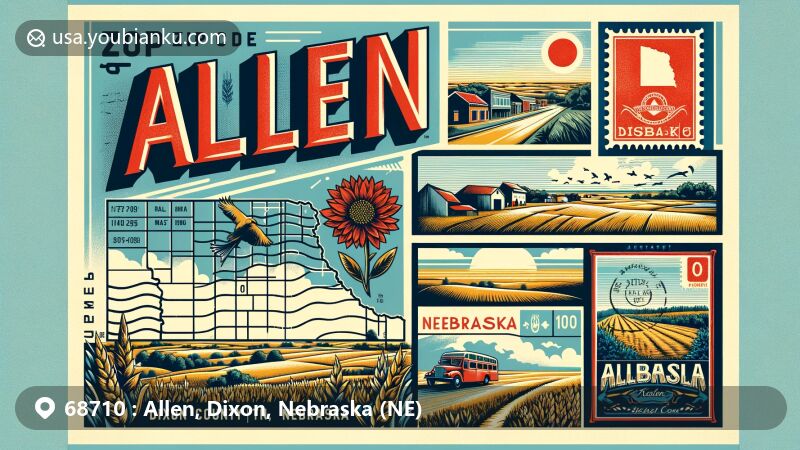 Modern illustration of Allen, Dixon County, Nebraska, showcasing ZIP code 68710, with depiction of vast plains, agricultural landscapes, and state symbols including Western Meadowlark and Goldenrod.