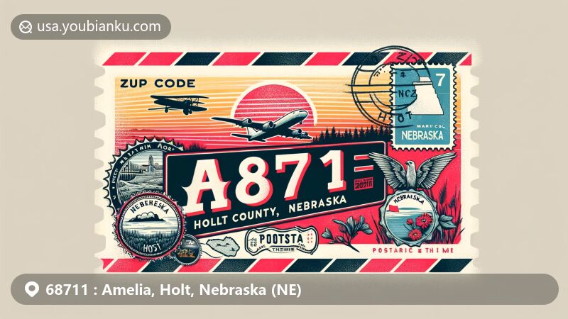 Modern illustration of Amelia, Holt County, Nebraska, with vintage air mail envelope displaying ZIP code 68711, featuring Holt County outline, Nebraska state flag, and iconic Nebraska symbols.