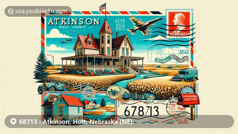 Modern illustration of Atkinson, Holt County, Nebraska, showcasing Sturdevant-McKee Museum and Sandhills, with elements of Nebraska state flag and Holt County, resembling a creative postcard, highlighting postal theme.