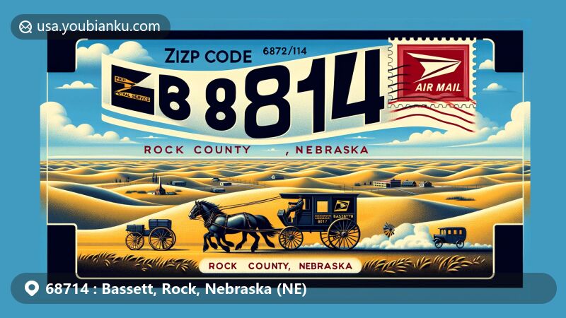 Modern illustration of Bassett, Rock County, Nebraska, showcasing the natural beauty of Nebraska Sandhills and the geographical location, featuring a vintage postal service scene depicting early mail routes and pioneer spirit of Bassett community with a horse-drawn mail carriage, creatively integrating a modern representation of a postcard or airmail envelope framing the scene to emphasize postal heritage and ZIP Code 68714.