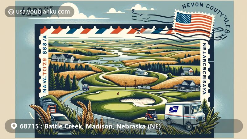Modern illustration of Battle Creek, Nebraska, with ZIP code 68715, featuring agricultural roots, Evergreen Hill Golf Course, Madison County map outline, American postal symbols, and Nebraska state flag.
